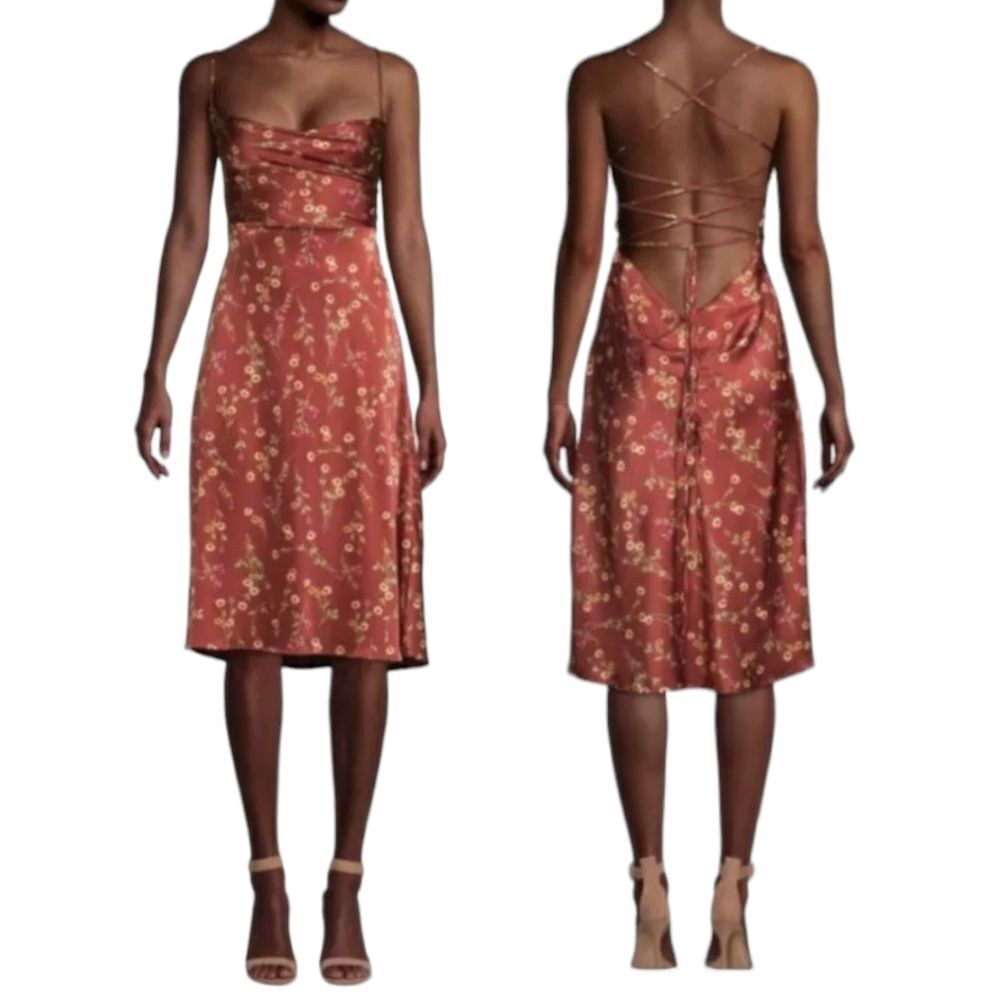 Danielle Bernstein Tie Back Roses And Daises Midi Silky Dress‎ M Redwood Multi